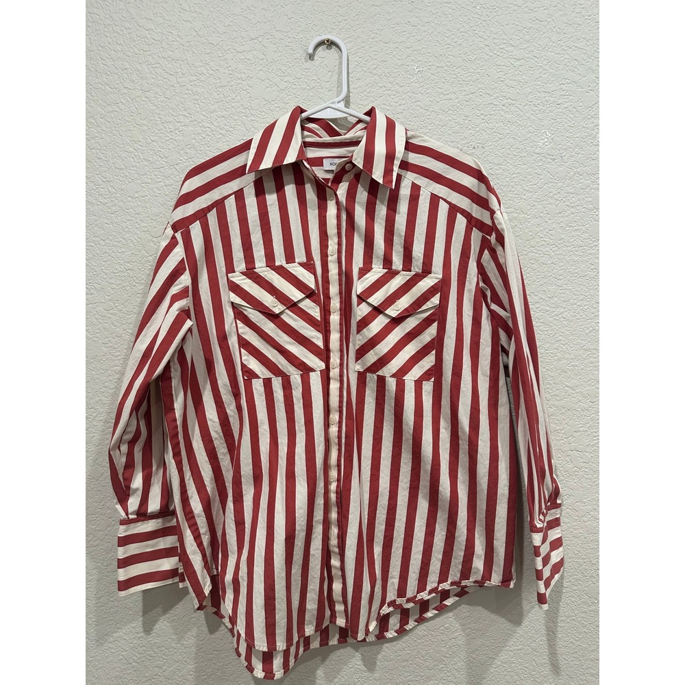 Nordstrom Womens Red White Striped Cotton Button Down Shirt XX7502 Small